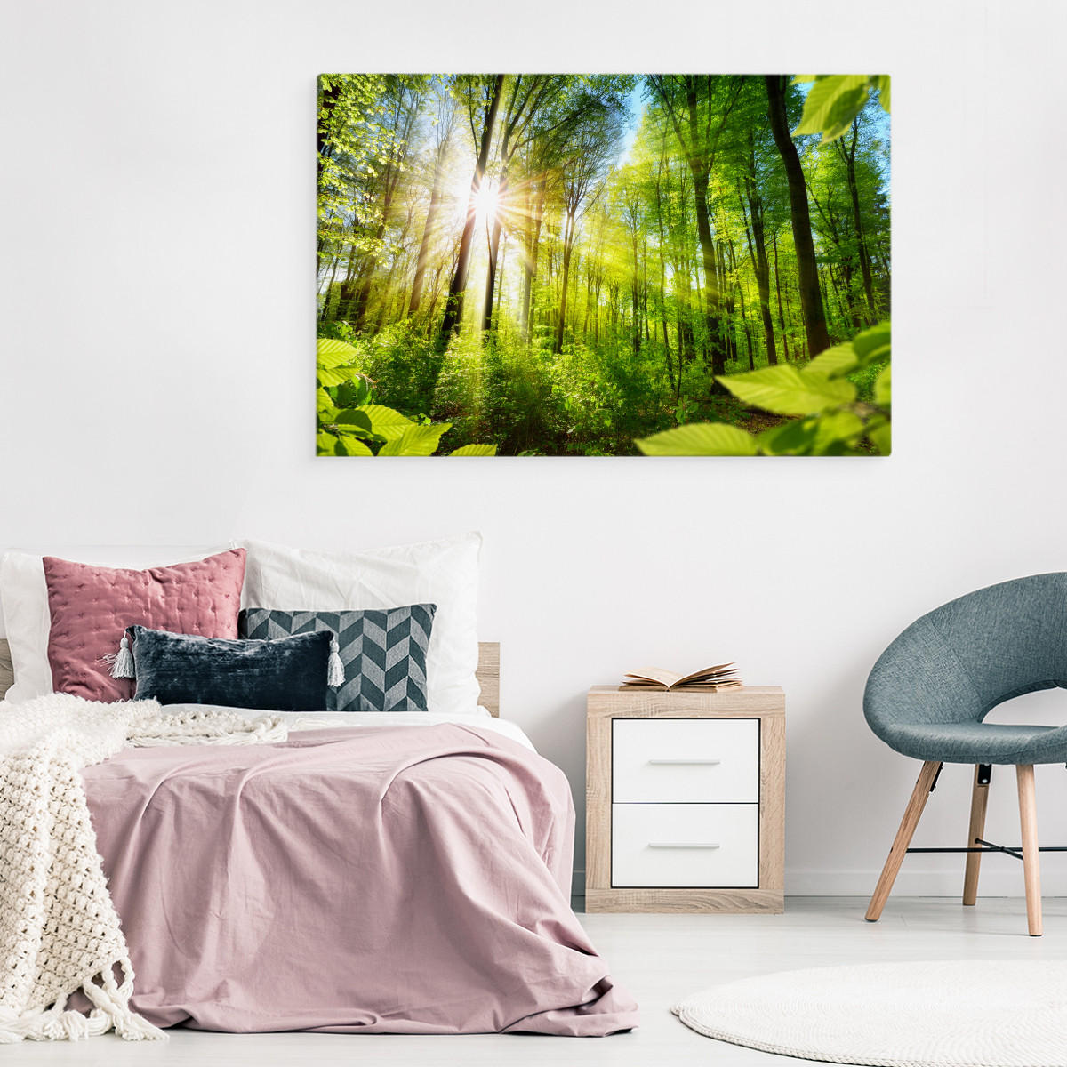 LEINWANDBILD Sonnenaufgang im Wald Natur 3D 120/80 cm - Blau/Beige, Textil (120/80cm) - Muralo