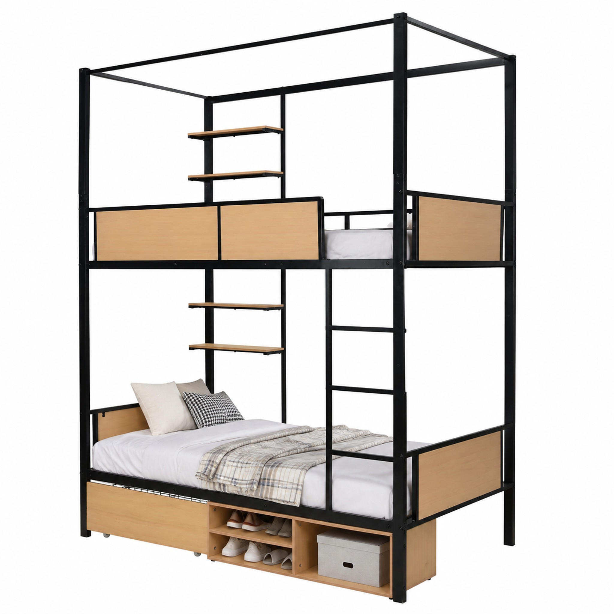 ETAGENBETT mit Ablagen und Stauraum 90x200 cm Metall MDF Schwarz Natur - Schwarz, Metall (90/200cm) - Meubliv