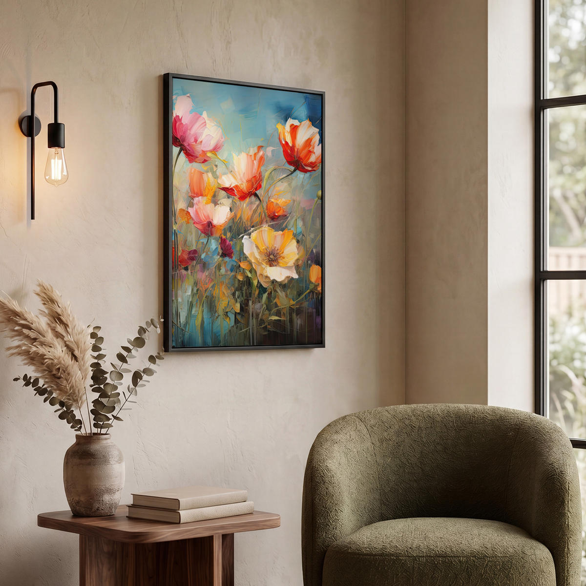 LEINWAND Bilder mit Rahmen - Blumen - Aquarell - Kunst - Botanisch - Natur - 50x70 - Orange, Textil (50/70cm) - MuchoWow