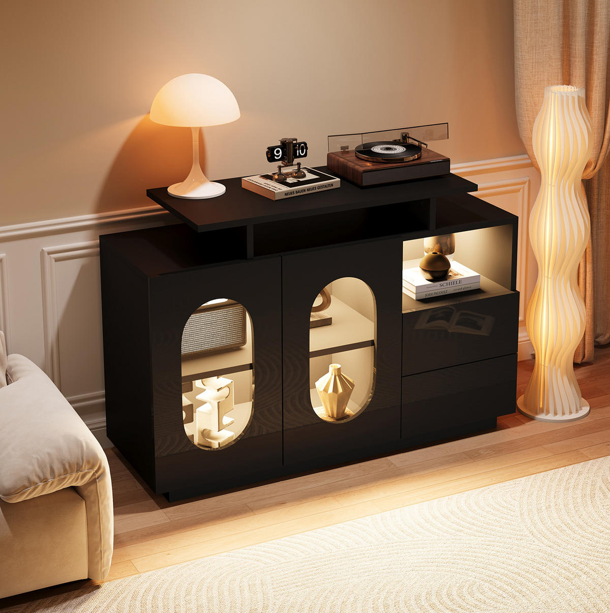 SIDEBOARD 120/40/80 cm mit LED, Glastür und Hochglanzfront in Schwarz - Schwarz, Holzwerkstoff (120/80/40cm) - BEAOK