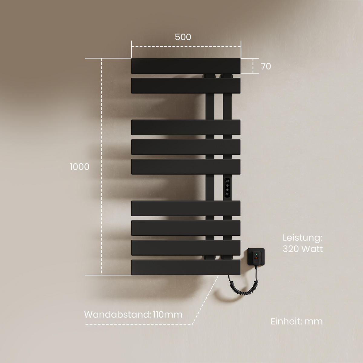 HEIZKÖRPER Elektrisch WLAN Thermostat Schwarz Rechtsanschluss 100/50 cm - Schwarz, Metall (50/100/11cm) - EMKE