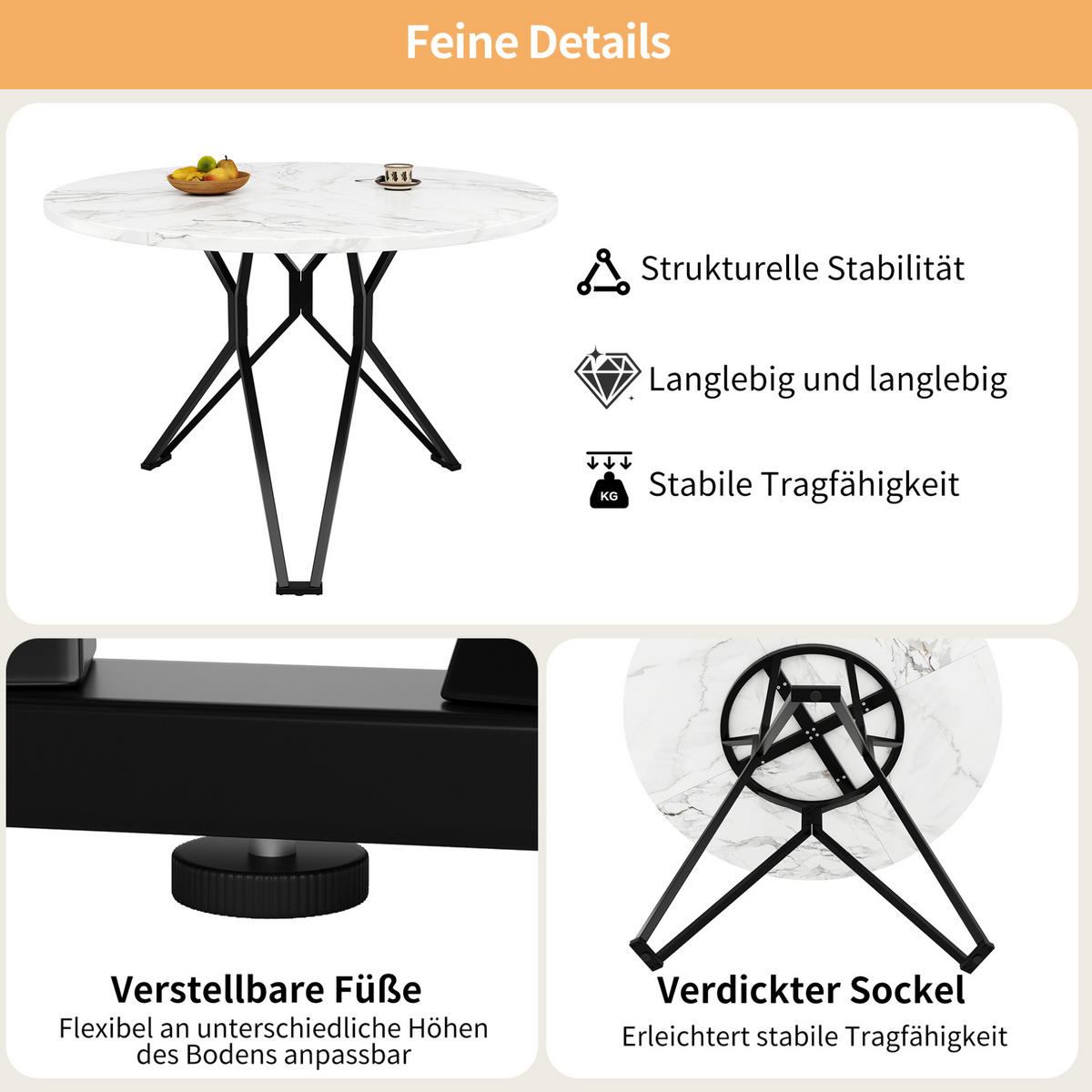 ESSTISCH rund, MDF mit Marmoroptik & Metallgestell, 100/100/76 cm, Schwarz - Schwarz, Holzwerkstoff (100/100/76cm) - Redom