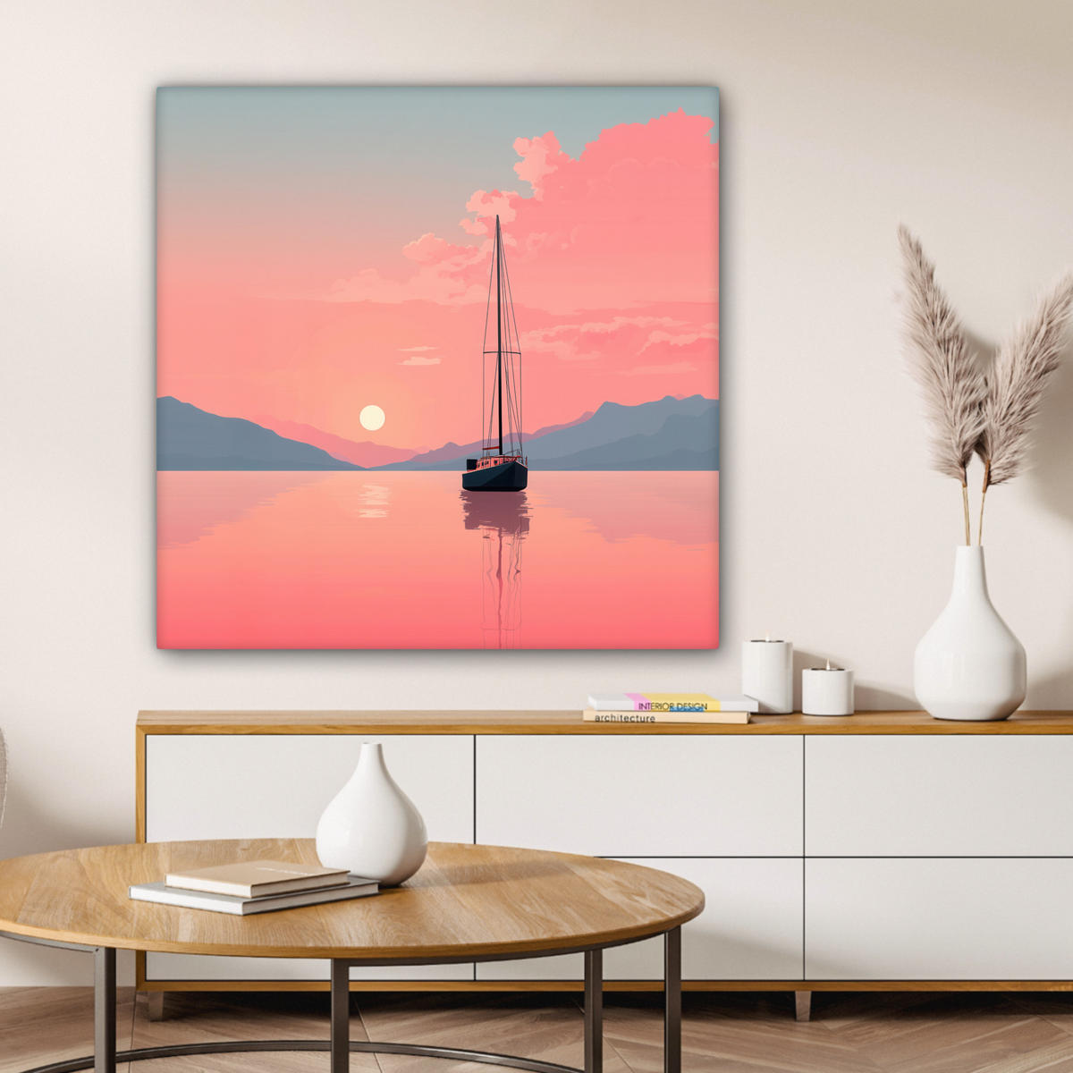 LEINWANDBILD Segelboot - Rosa Meer - Sonnenuntergang - Berge Deko Groß 90x90 cm - Rosa, Textil (90/90cm) - MuchoWow