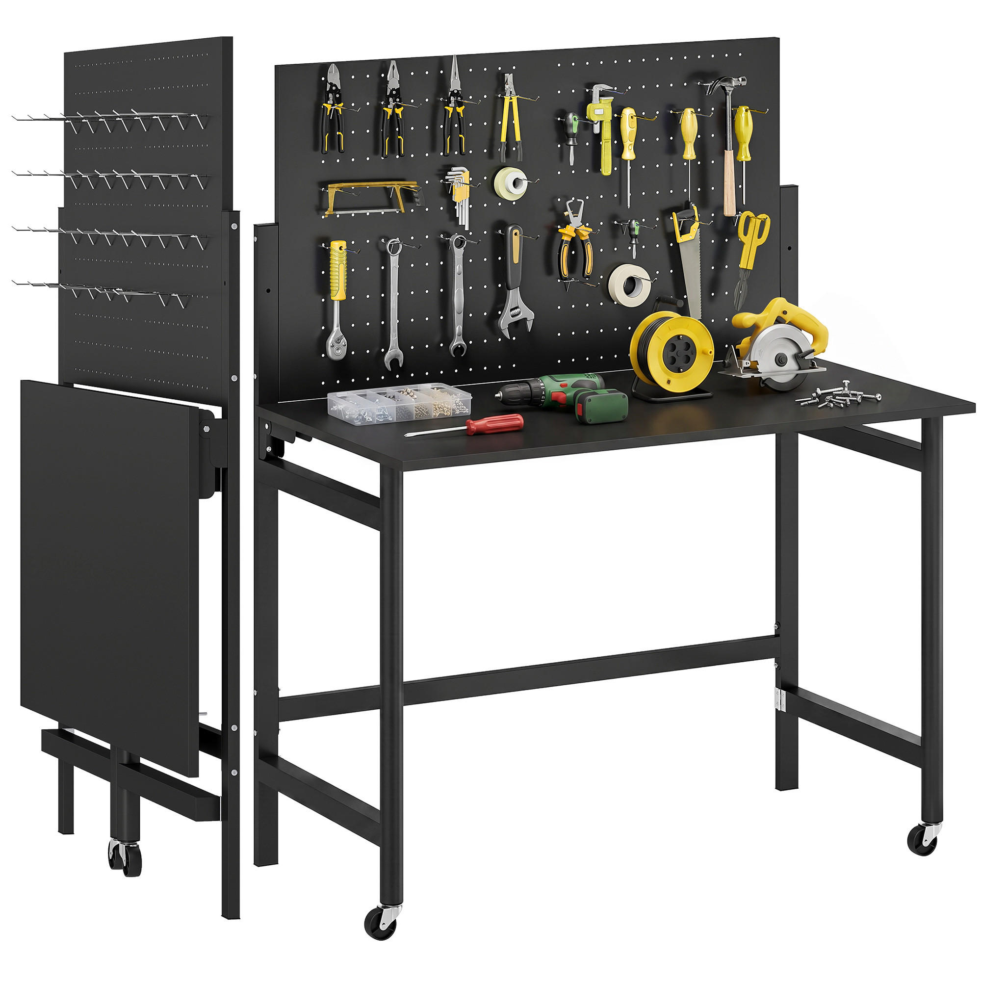 WERKBANK DE-19000 klappbar auf Rollen, mit Lochwand Schwarz - Schwarz, Holzwerkstoff (62/143.5/115cm) - ComfortXL