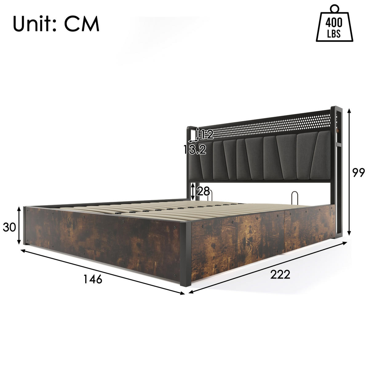 POLSTERBETT aus Leinen 140x200 cm in Grau mit LED-Kopfteil & USB - Grau, Textil (140/200cm) - Modfu