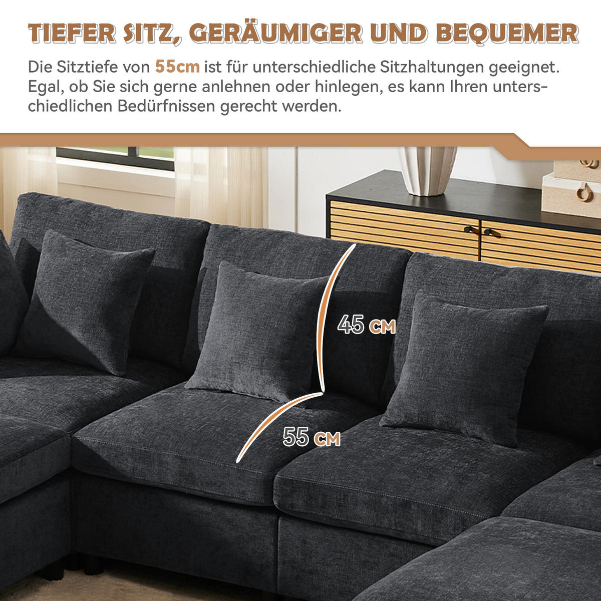 WOHNLANDSCHAFT Chenille Grau mit 2 Hocker und 6 Kissen - Grau, Holzwerkstoff/Kunststoff (278/81/161cm) - WISHDOR