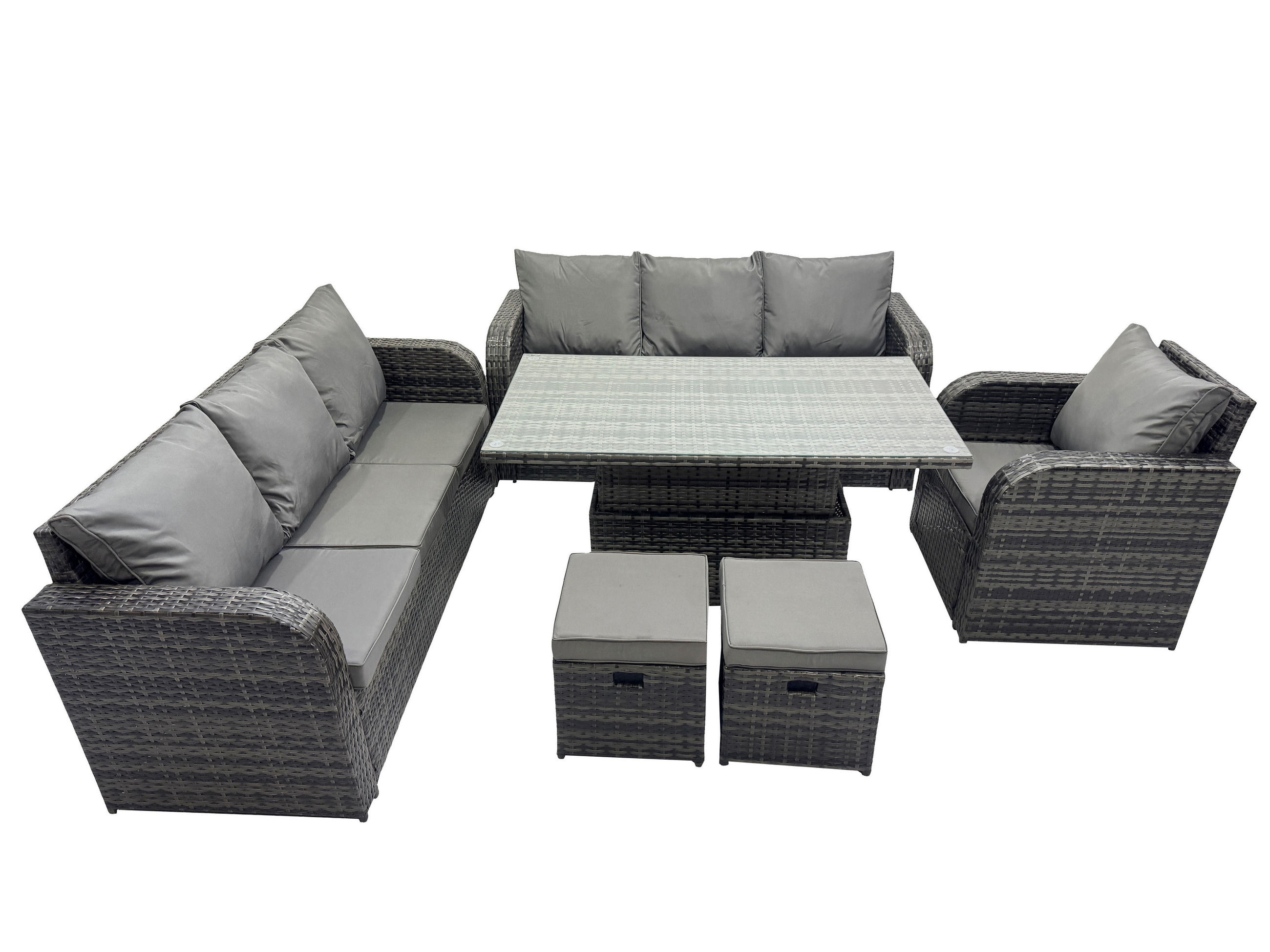 GARTENMÖBELSET mit Höhenverstellbarer Esstisch 9-Sitzer Grau - Dunkelgrau/Grau, Glas/Kunststoff - Fimous