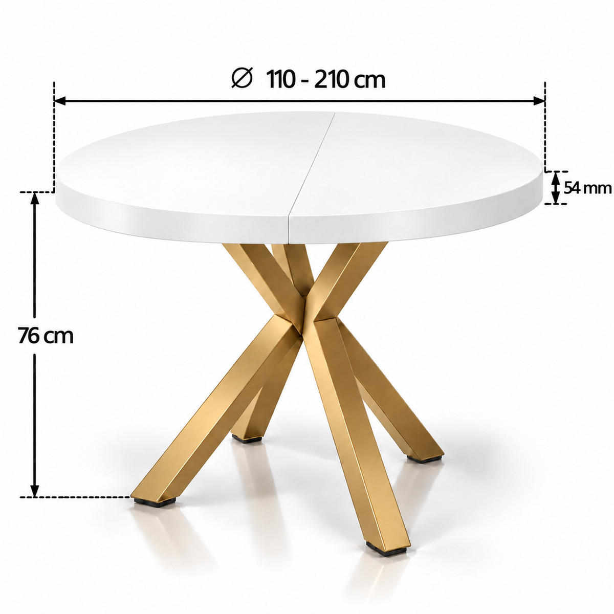 ESSTISCH rund ausziehbar 110/210/76 cm, Weiß, 54 cm Tischplatte + X Metallbeine Gold - Goldfarben/Weiß, Holzwerkstoff/Metall (110/210/76cm) - Damale Möbel