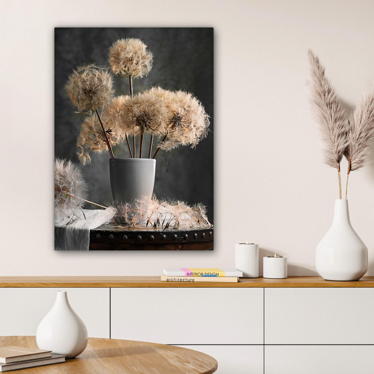 LEINWANDBILD Blumensamen - Löwenzahn - Vase - Stilleben - Blumenstrauß 60x80 cm - Dunkelgrau, Textil (60/80cm) - MuchoWow