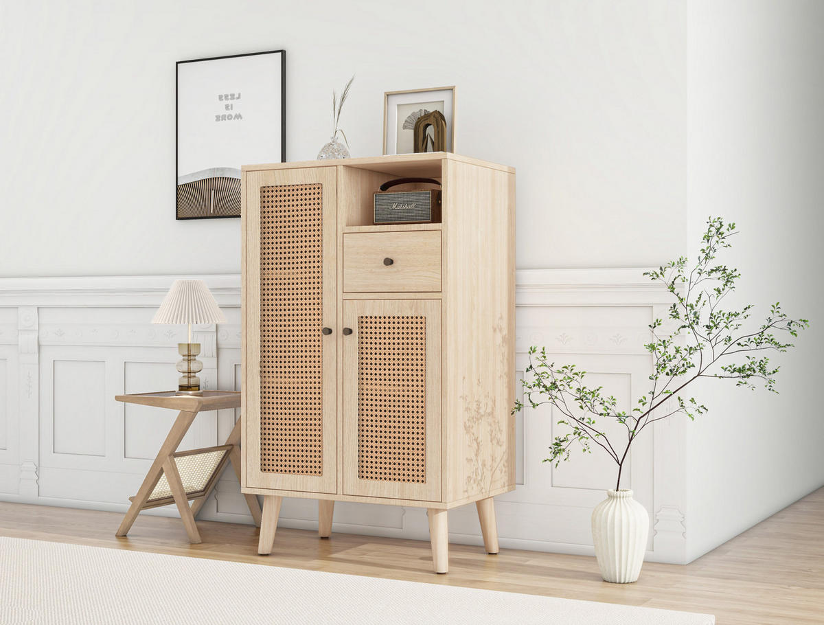 KOMMODE 60/40/101 cm aus Spanplatte mit 2 Rattantüren und Schublade Eichefarben - Eichefarben, Holzwerkstoff (60/101/40cm) - Modenvie