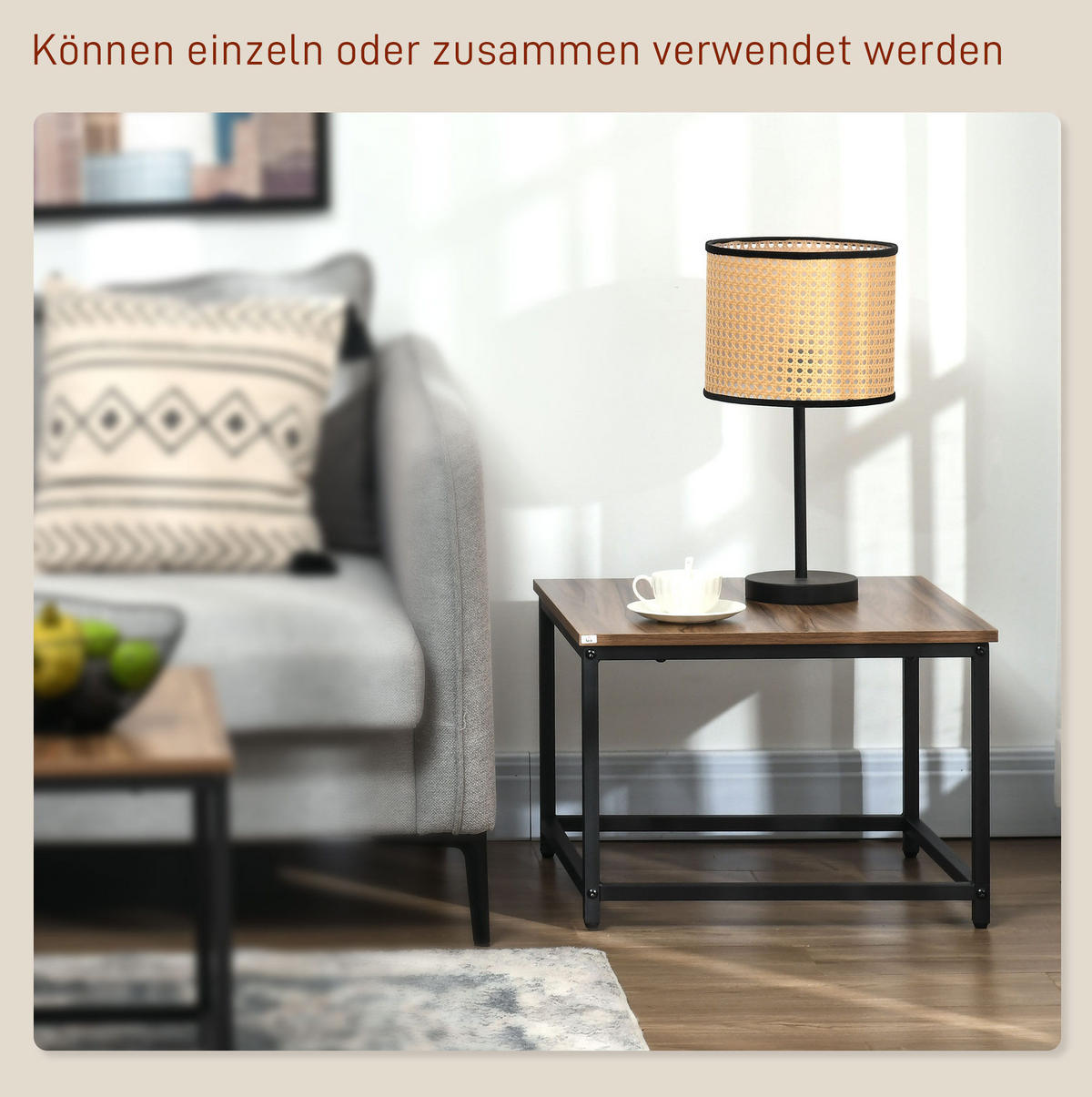 KLUBSKA miza, komplet 2 kosov, 60/60/45 cm in 54/54/38 cm, naravni lesni dekor in črno jeklo - naravne barve, leseni material (60/60/45cm) - BEAOK