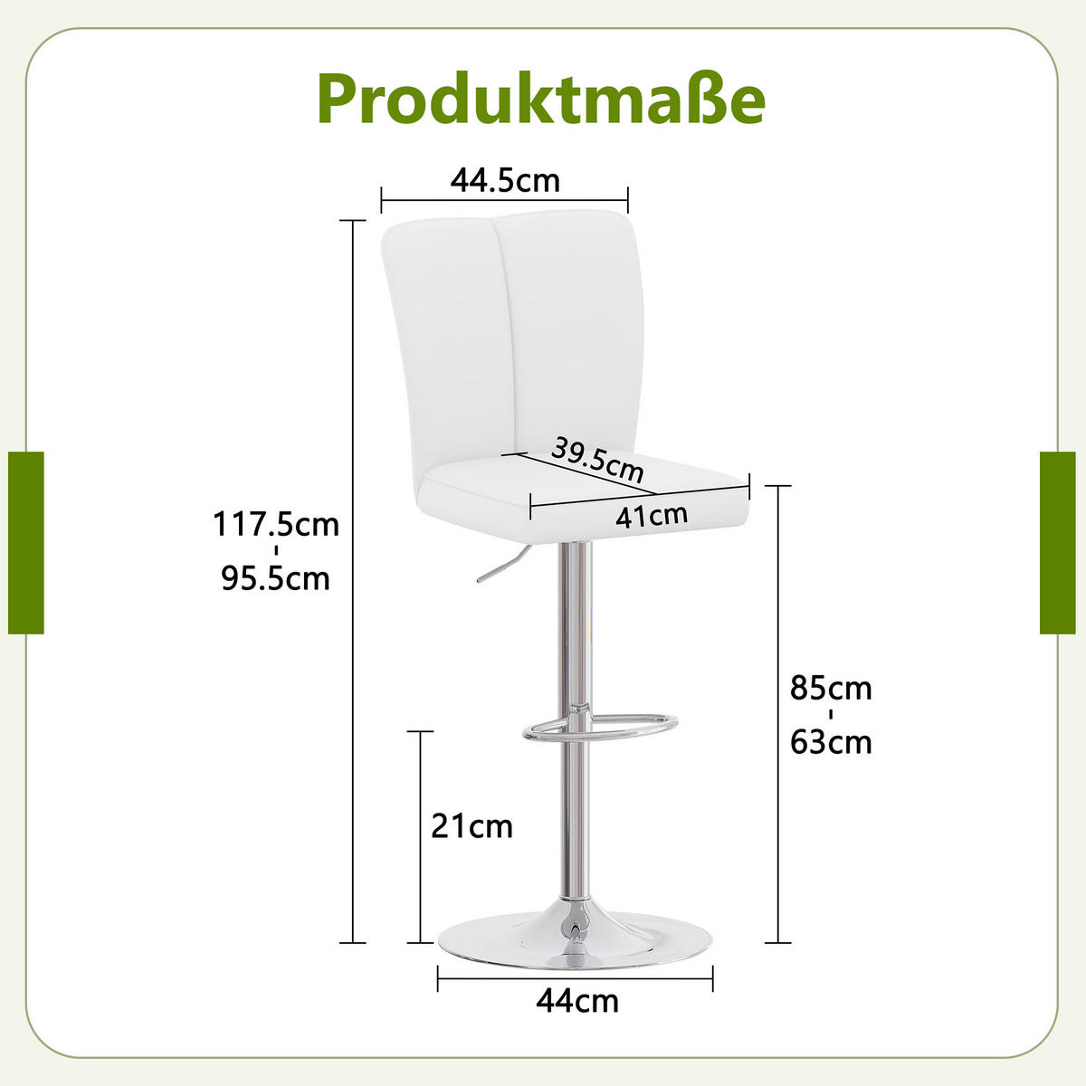 BARHOCKER 2er-Set Weiß-Silber höhenverstellbar & 360° drehbar mit PU-Leder - Weiß, Metall (44.5/95.5/44cm) - PANGIVO