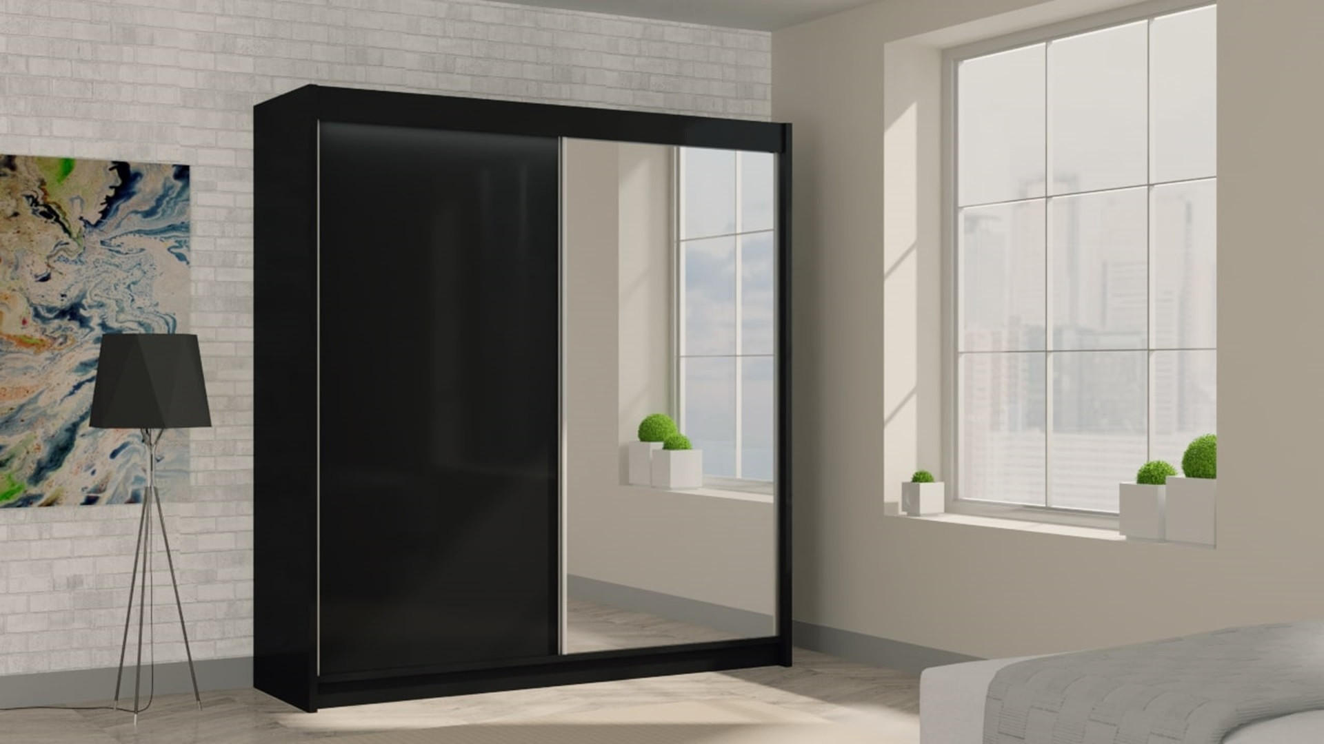 KLEIDERSCHRANK mit Spiegel-Schiebetüren und Aluminium-Leisten, LED-Beleuchtung - PARTI - 200 cm Schwarz - Schwarz, Holzwerkstoff (200/216/61cm) - ALTDECOR