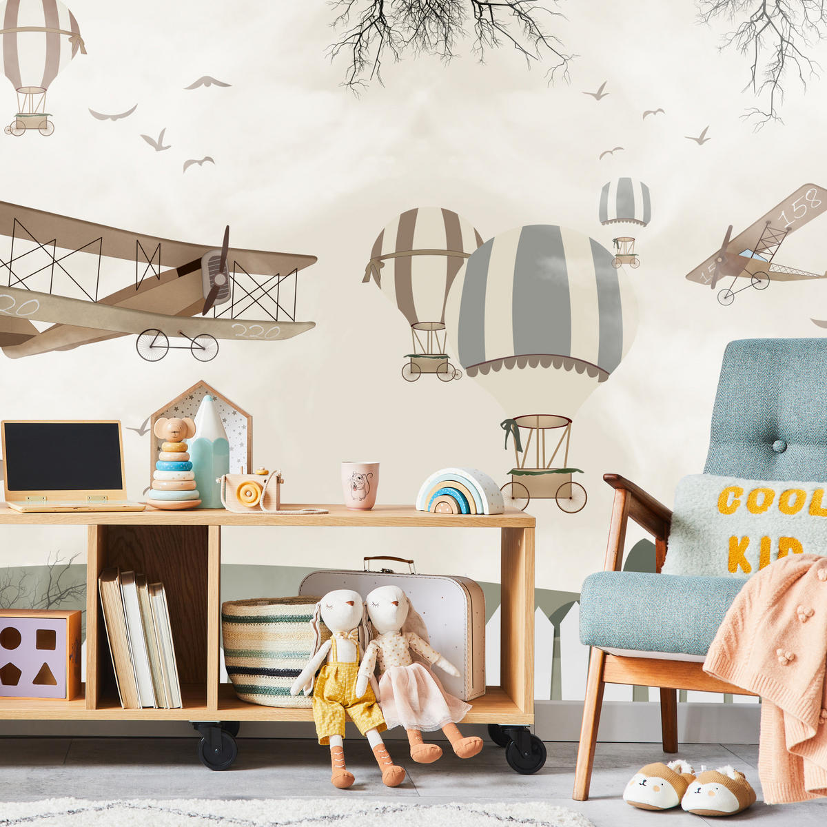 FOTOTAPETE für Kinderzimmer Retro Flugzeuge Ballons Vintage Beige 200x140 - Beige/Braun, Papier (200/140cm) - Muralo