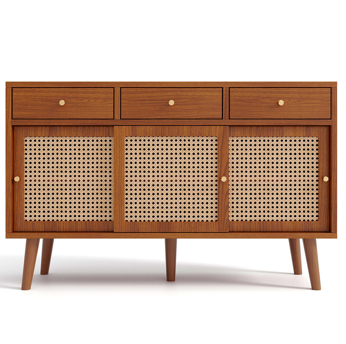 SIDEBOARD 120/40/78 cm in Walnuss mit 3 Schubladen, 3 Schiebetüren und Rattangeflecht - Eichefarben, Holzwerkstoff (120/78/40cm) - Flora Grace
