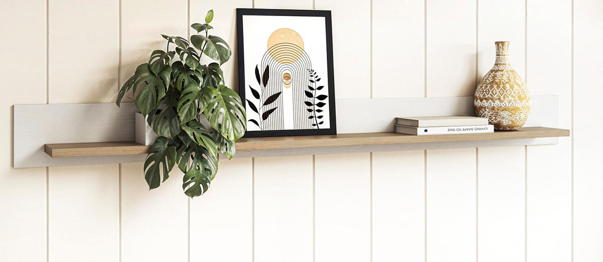 WANDBOARD weiß, Eiche, Wandregal skandinavisch 180 cm, Finnes - Eichefarben/Weiß, Holzwerkstoff/Metall (180/17/17cm) - Furn.Design