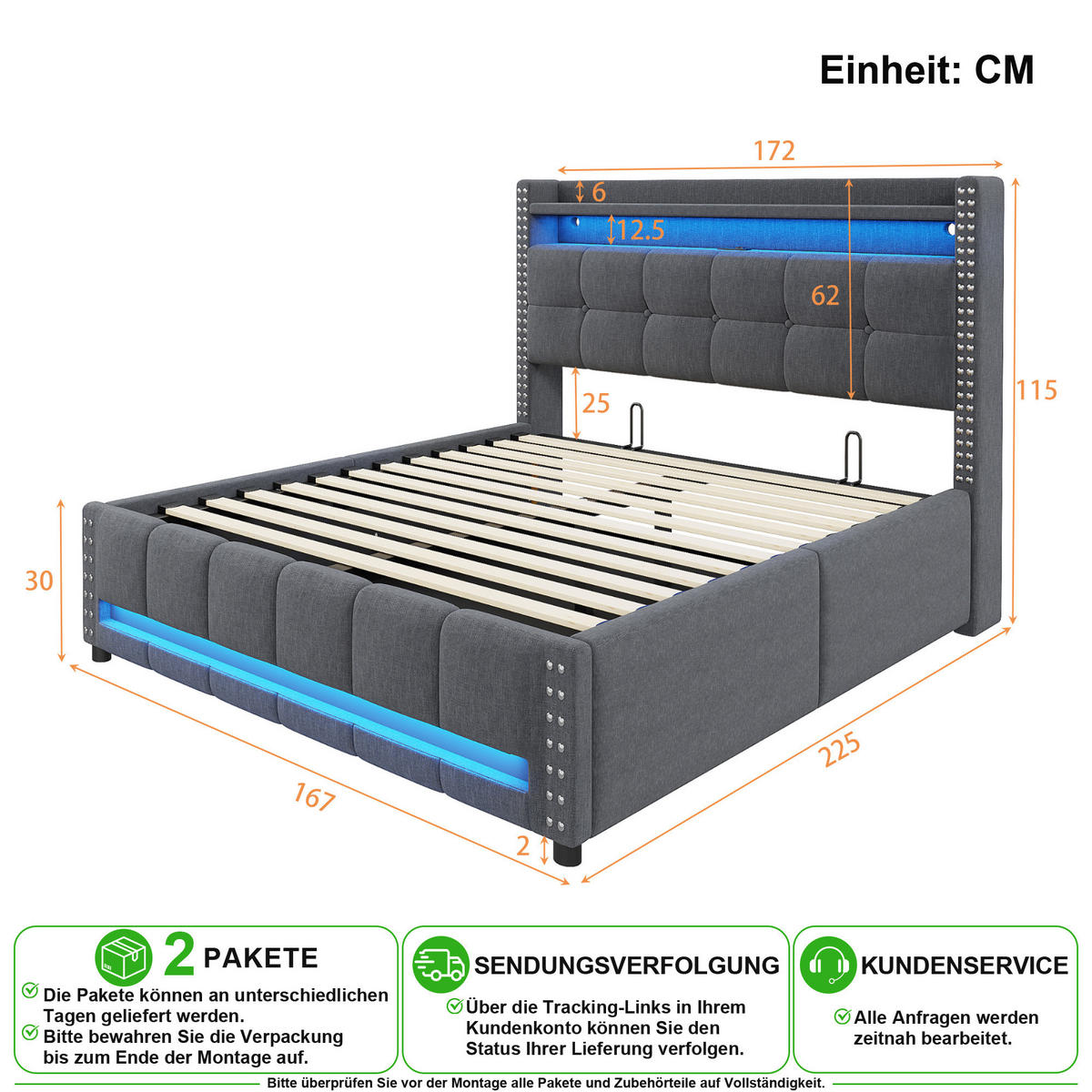 ČALOUNĚNÁ POSTEL 160/200 cm v šedé barvě s úložným prostorem, LED osvětlením a USB - šedá, kov/kompozitní dřevo (160/200cm) - CHICFURN