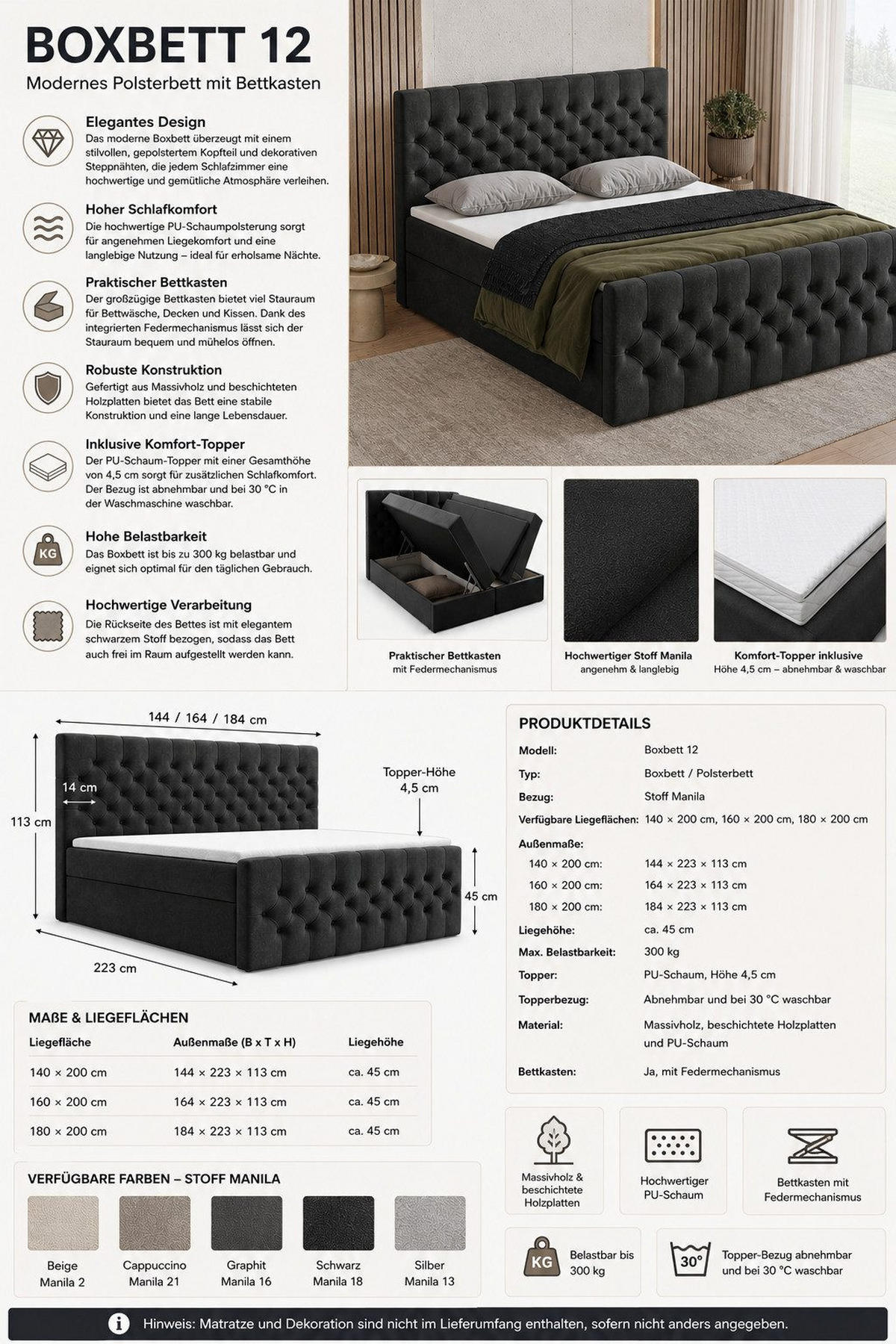 BOXBETT 12 140 x 200 cm - Manila - Modernes Polsterbett mit Bettkasten inkl. PU-Schaum-Topper und Federmechanismus - Beige, Holz (140/200cm) - ROYAL24_MARKT