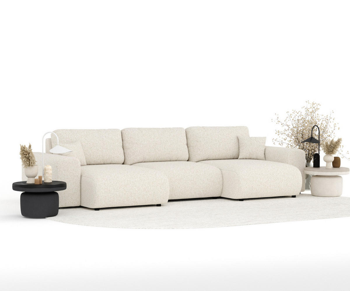 PANORAMASOFA Zanzibar Creme Plüschstoff - Creme/Schwarz, Holz/Holzwerkstoff (325/79/144cm) - Maison de Reve