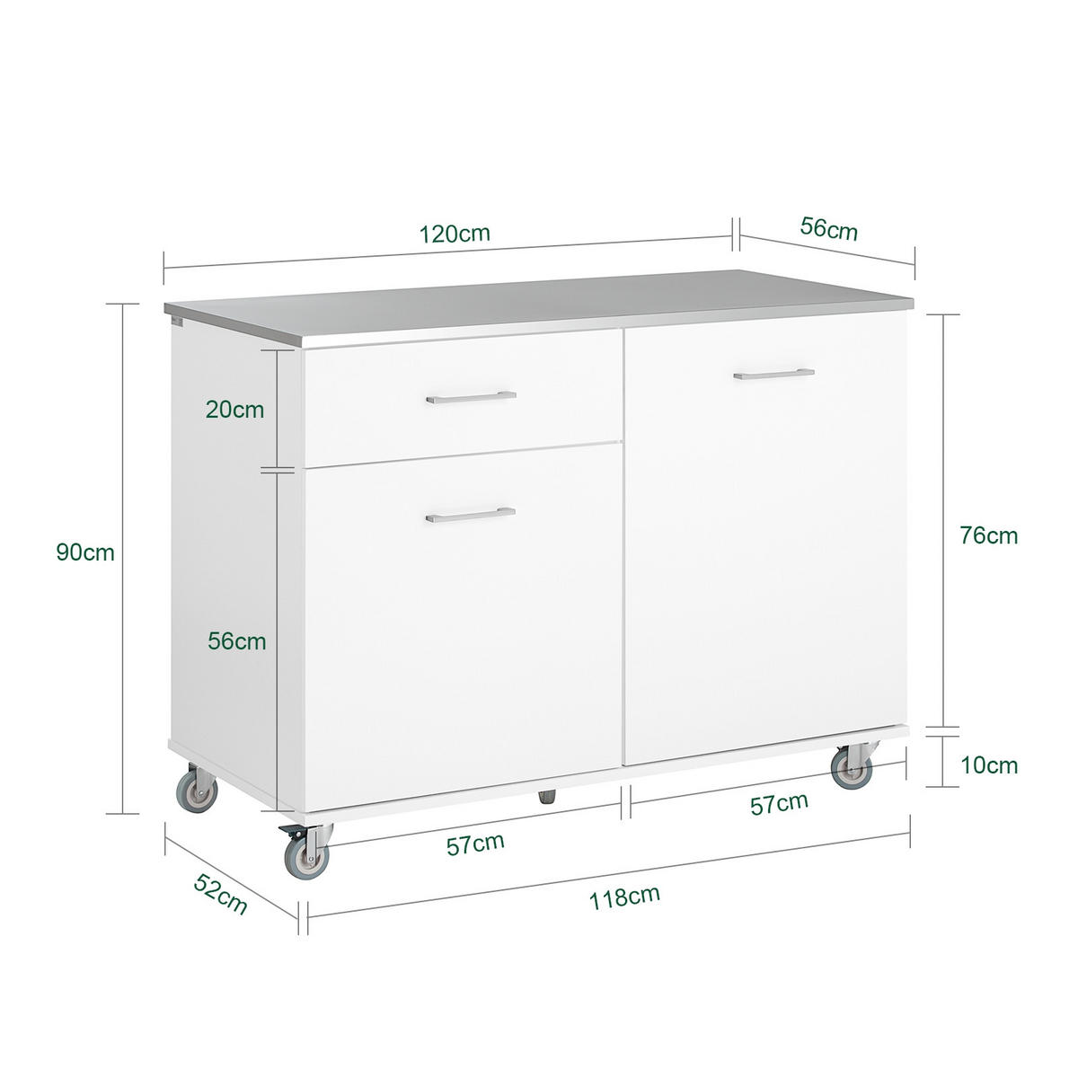 KÜCHENINSEL rollbar Weiß - Weiß, Holzwerkstoff/Metall (120/90/56cm) - SoBuy