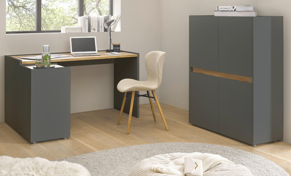 AKTENSCHRANK grau matt, Eiche Wotan 100 x 122 cm, Highboard 4-türig mit viel Stauraum - Eiche Wotan/Schwarz, Holzwerkstoff/Kunststoff (100/122/40cm) - Furn.Design