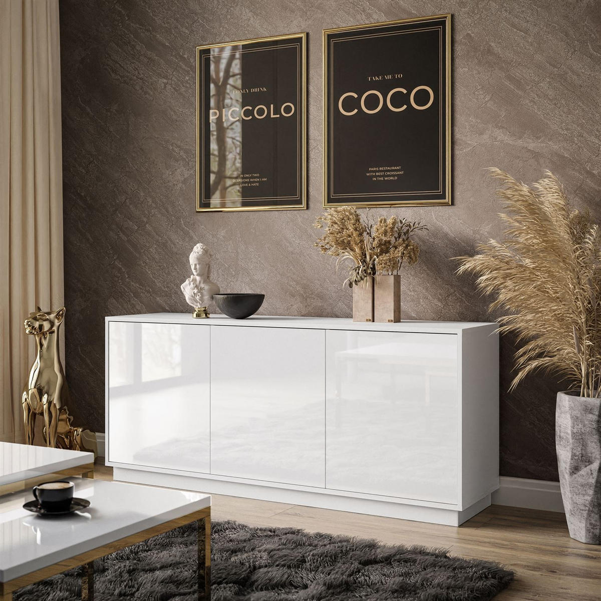 SIDEBOARD SANAYI auf Sockel Hochglanz Weiß - Weiß Hochglanz/Weiß, Holzwerkstoff (154/66/40cm) - Lookway