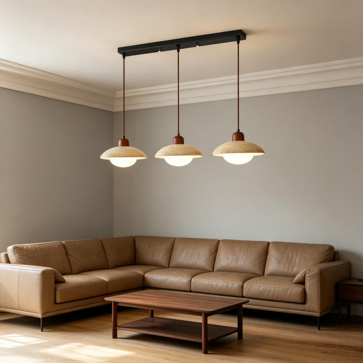 PENDELLEUCHTE Gelber Travertin & Holz, 3 Lichter 25CM - Gelb, Naturmaterialien (200/80/30cm) - Weltevree