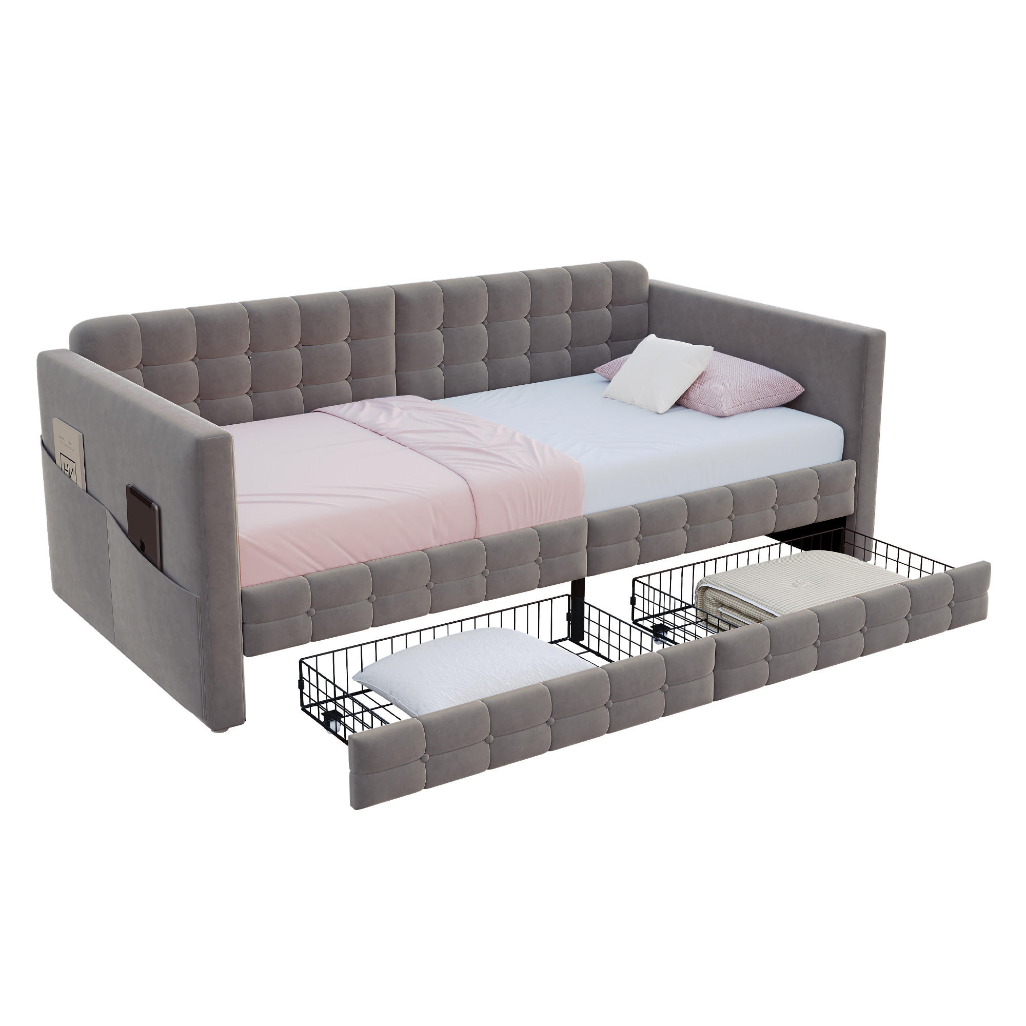 POLSTERBETT 90/190 cm Grau Schlafsofa mit Stauraum und 2 Schubladen - Grau, Textil (90/190cm) - OKWISH