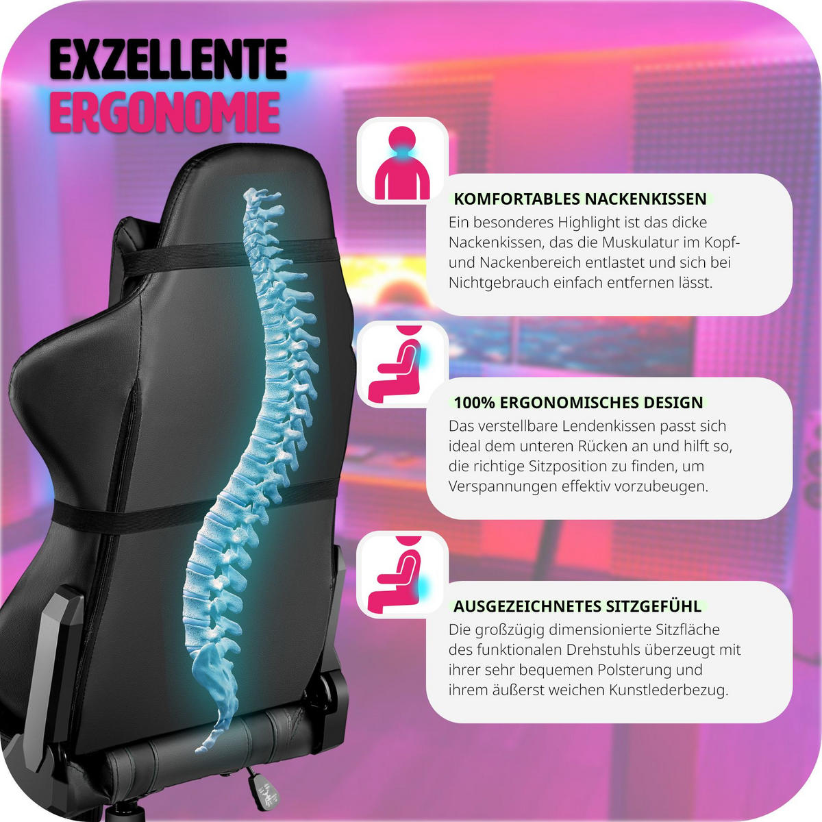 RACING GAMING STUHL ,Belastbarkeit 120 kg,schwarz - Schwarz, Leder (70/135.5/75cm) - tectake