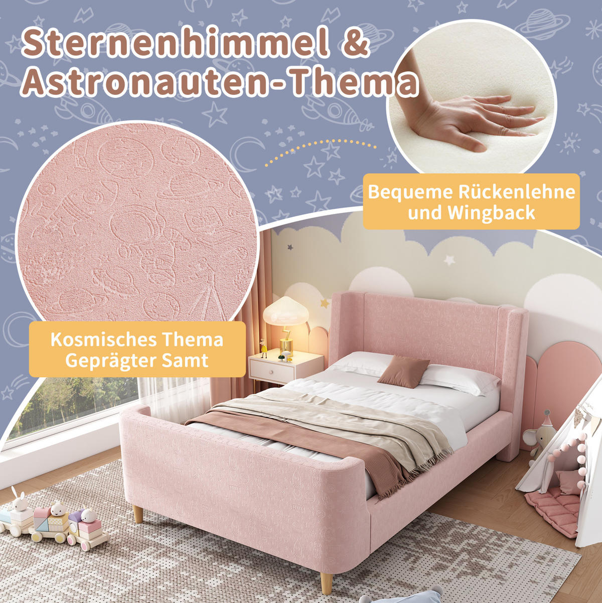 KINDEREINZELBETTEN aus Samt 90x200 cm in Rosa mit Weltraummuster - Rosa, Textil (90/200cm) - Modfu