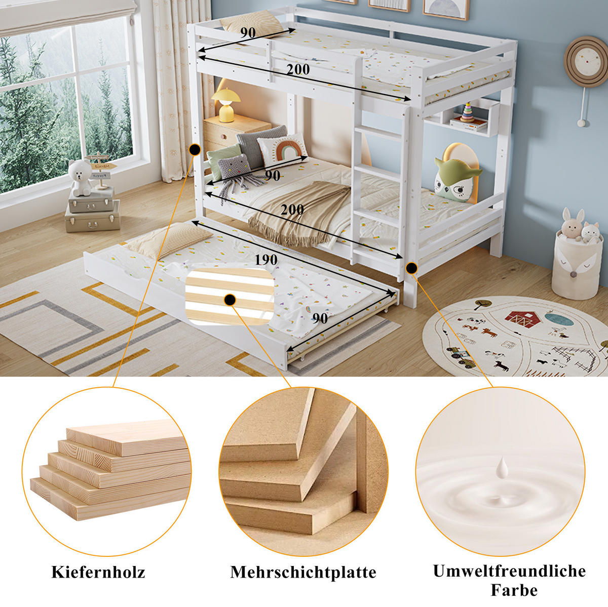 ETAGENBETT 90/200 cm Weiß mit Ausziehbett und Regal - Weiß, Holz (90/200cm) - Flora Grace
