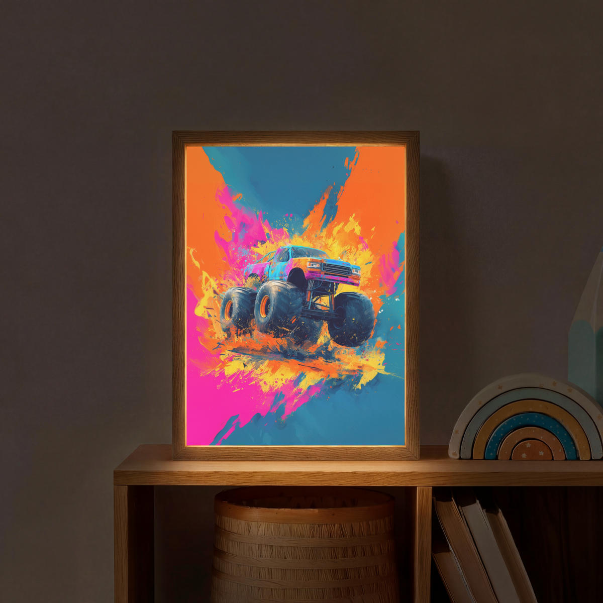 DOBÍJECÍ NOČNÍ LAMPIČKA Monster truck - Abstraktní - Stříkající barva - Barevné 30x40 cm - růžová, kompozitní dřevo (8/30/40cm) - OnlyWow