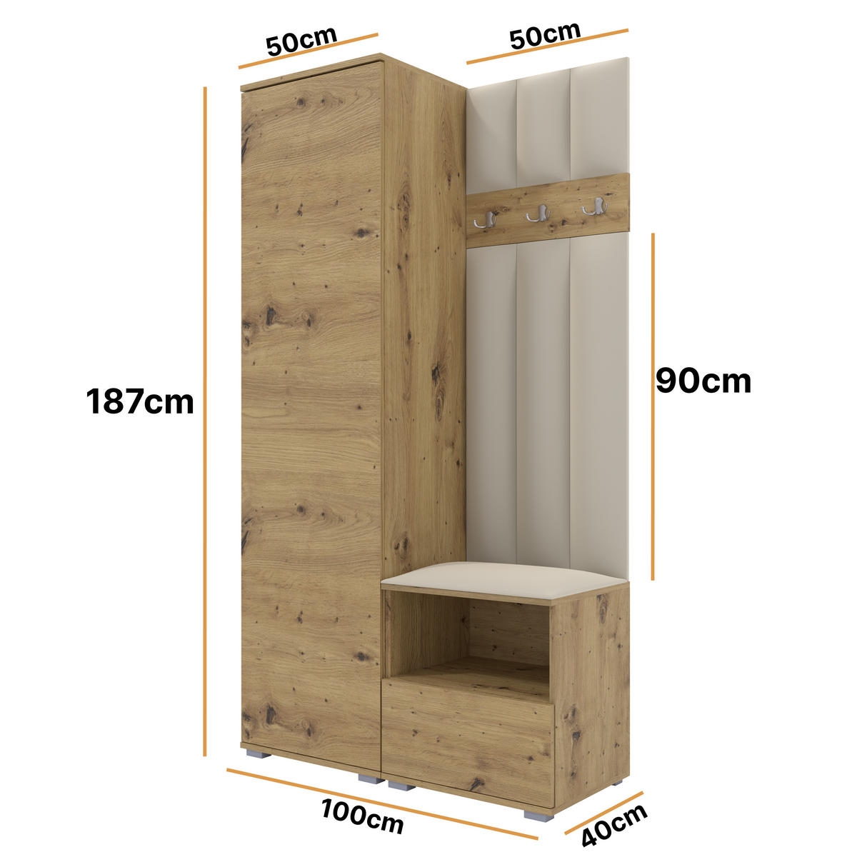 GEPOLSTERT Garderoben-Set Nela I LUX (Eiche Artisan + Stoff Trinity 01) - Silberfarben/Creme, Holz/Holzwerkstoff (100/187/40cm) - Ravio