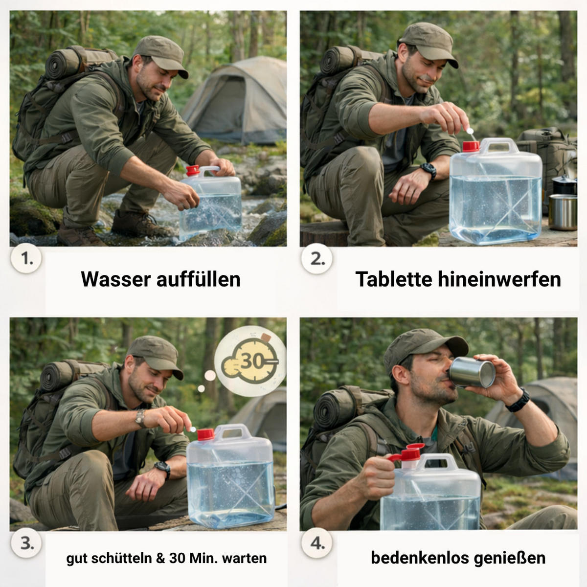 WASSERAUFBEREITUNGSTABLETTEN 150 Stk inkl. 10L Faltkanister Camping Outdoor Trinkwasser - Weiß, Kunststoff (20/25/11cm) - JUNG