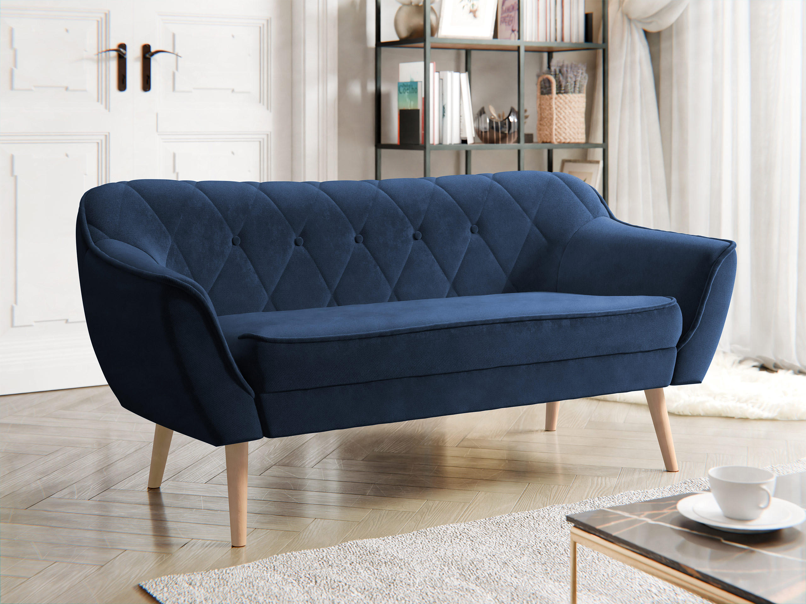 SOFA Skand 2 - Naturfarben/Dunkelblau, Holz/Textil (140/75/74cm) - MIRJAN24