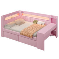 TAGESBETT 140/200 cm mit LED-Beleuchtung, USB-Anschluss, Schreibtisch und 2 Schubladen, Rosa - Rosa, Holzwerkstoff (140/200cm) - Redom
