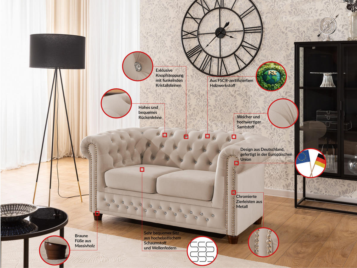 CHESTERFIELD-SOFA 2-sitzer Cleo Blink Beige Samt mit Kristallsteppung und braunen Massivholzfüßen - Beige/Braun, Holz/Textil (148/72/86cm) - S-Style Möbel