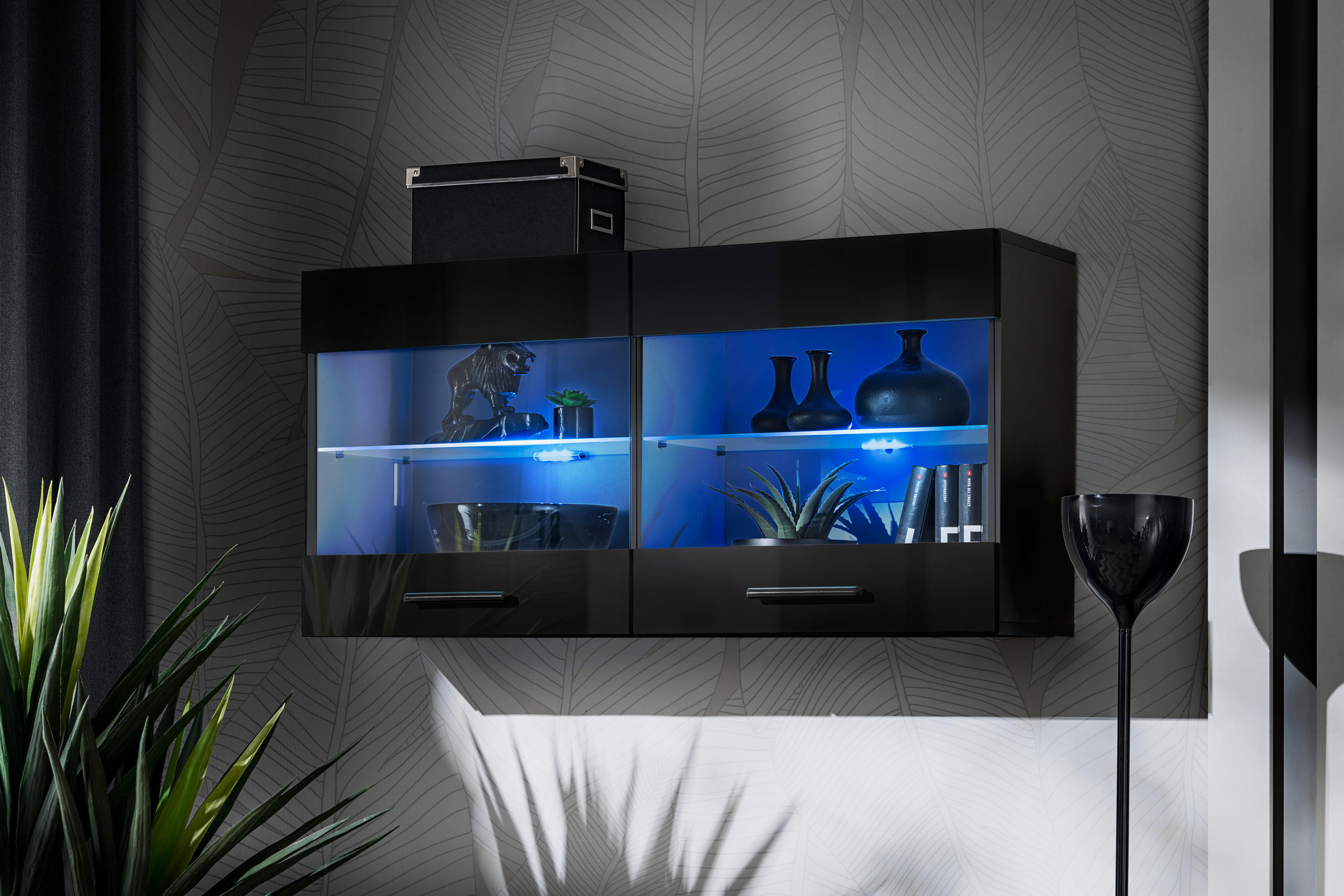 HÄNGEVITRINE SAVONA, Schwarz, LED Blau - Schwarz, Glas/Holzwerkstoff (100/50/27.2cm) - Komodee
