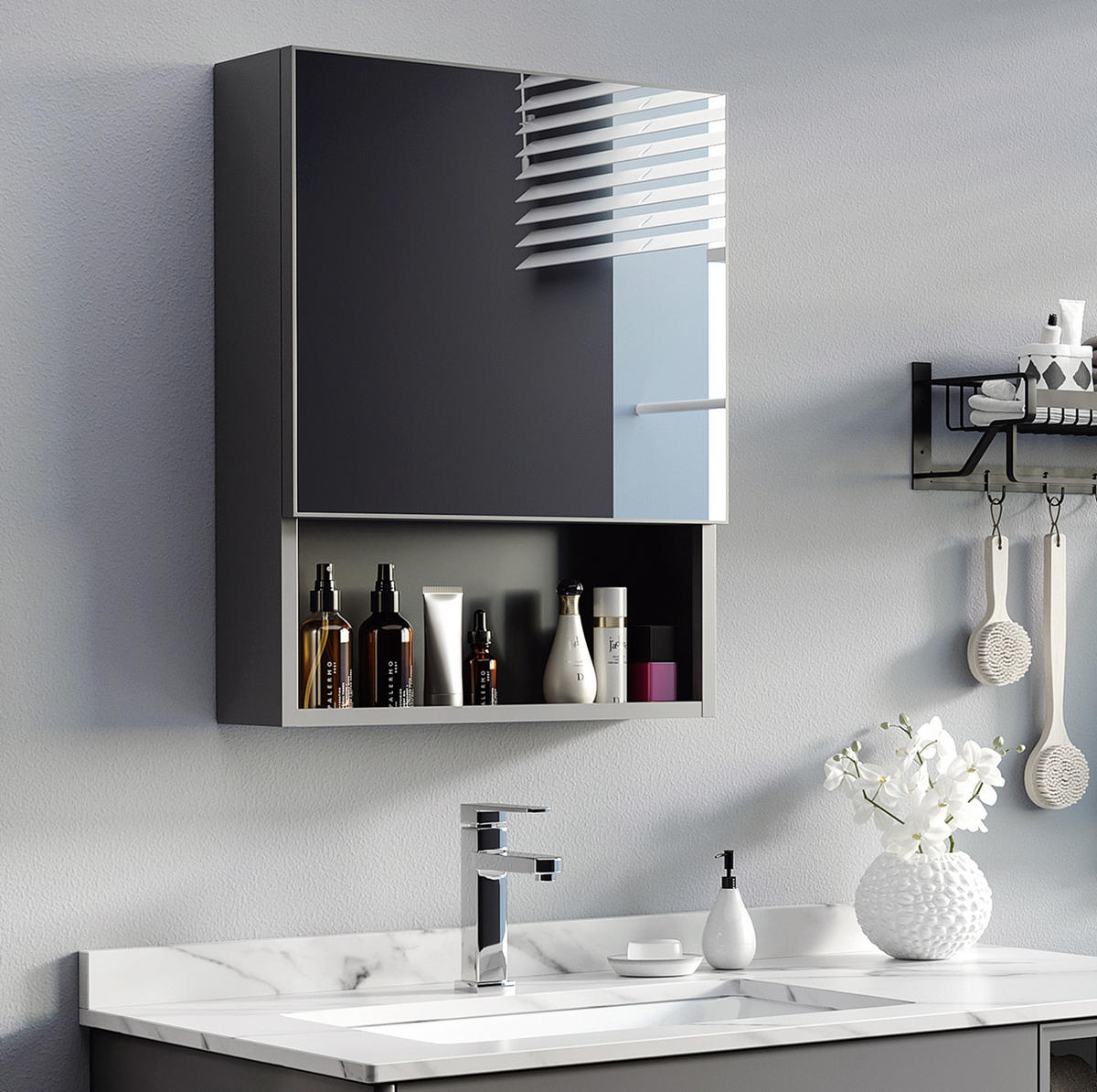 BADEZIMMERSPIEGELSCHRANK 46x13.5x58 cm Schwarz mit Spiegeltür & 3 Regalfächern - Schwarz, Metall (46/58/13.5cm) - Modfu