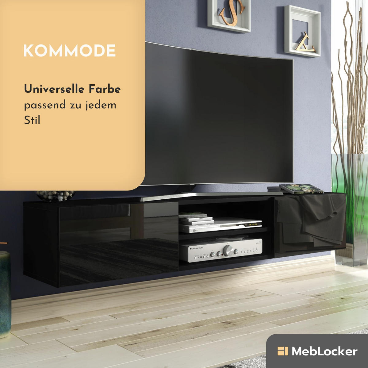 TV Schrank Schwarz mit HochglanzFronte 120 x 30 x 35cm Wohnzimmer Möbel - Schwarz Hochglanz, Holzwerkstoff (120/30/35cm) - MebLocker