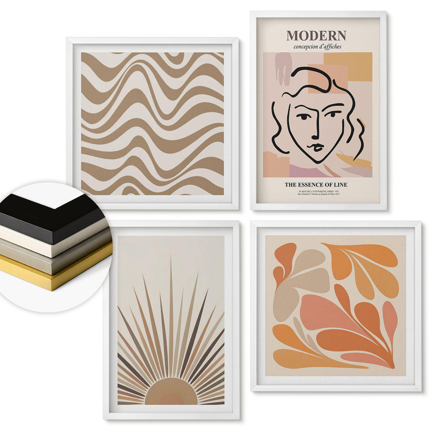 WANDBILDER 4er-Set - 50x50 cm & 40x60 cm Weißer Rahmen - Sonnen-Boho-Pastelltönen - Weiß, Kunststoff (50/50cm) - ArtPrintCave