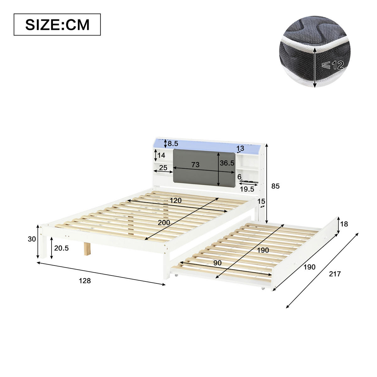 BETT 120/200 cm in Weiß mit Ausziehbett, gepolstertem Kopfteil, Kopfteilregal, LED und Ladestation aus Holz - Weiß/Grau, Holzwerkstoff (120/200cm) - STILVORA