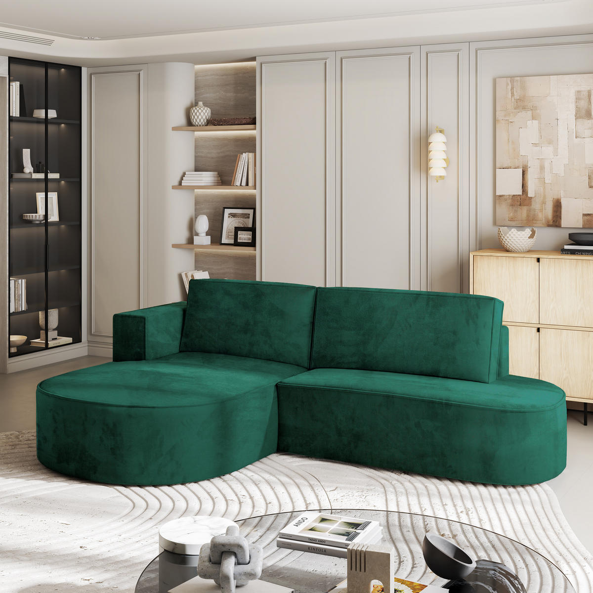 ROHOVÁ SEDAČKA CORTIO tmavě zelená - šedá/tmavě zelená, dřevo/textil (265/174cm) - MASSENO