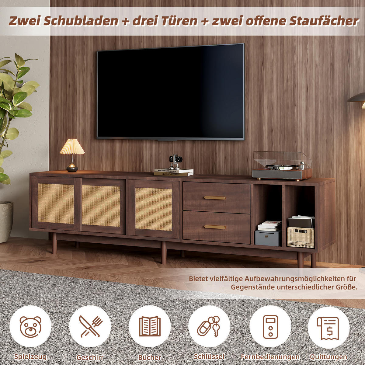 TV-SCHRANK 190 cm Braun & Rattan mit Schiebetüren, 2 Schubladen & 6 Füßen im Retro-Design - Braun, Holzwerkstoff (190/52/40cm) - Urban Meuble