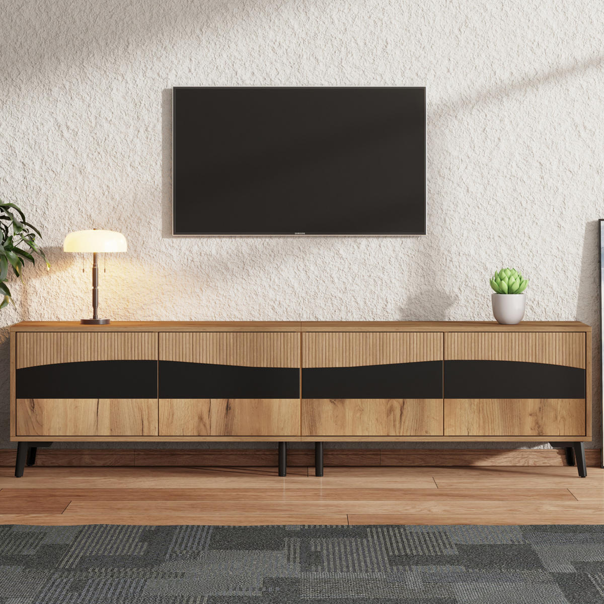 LOWBOARD 180/40/50 cm aus Spanplatte mit 4 Türen und symmetrischem Design Naturfarben/Schwarz - Naturfarben, Holzwerkstoff (180/50/40cm) - Modenvie