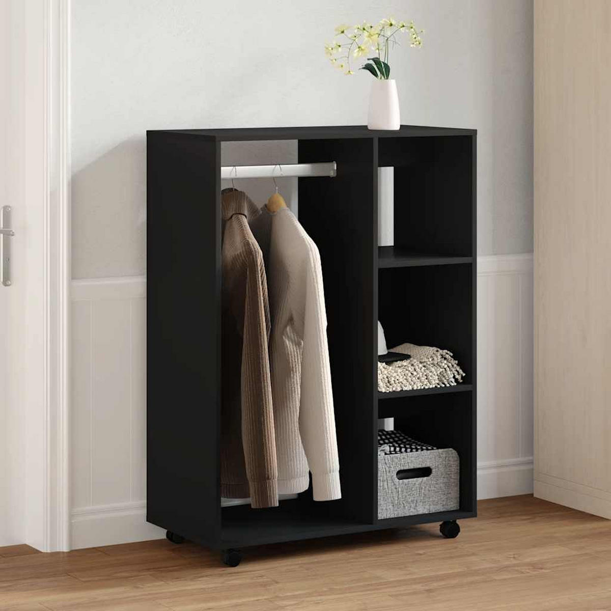KLEIDERSCHRANK mit 4 Rollen, 3 Fächern 80/40/110 cm aus Holzwerkstoff Schwarz - Schwarz, Holz (80/110/40cm) - vidaXL