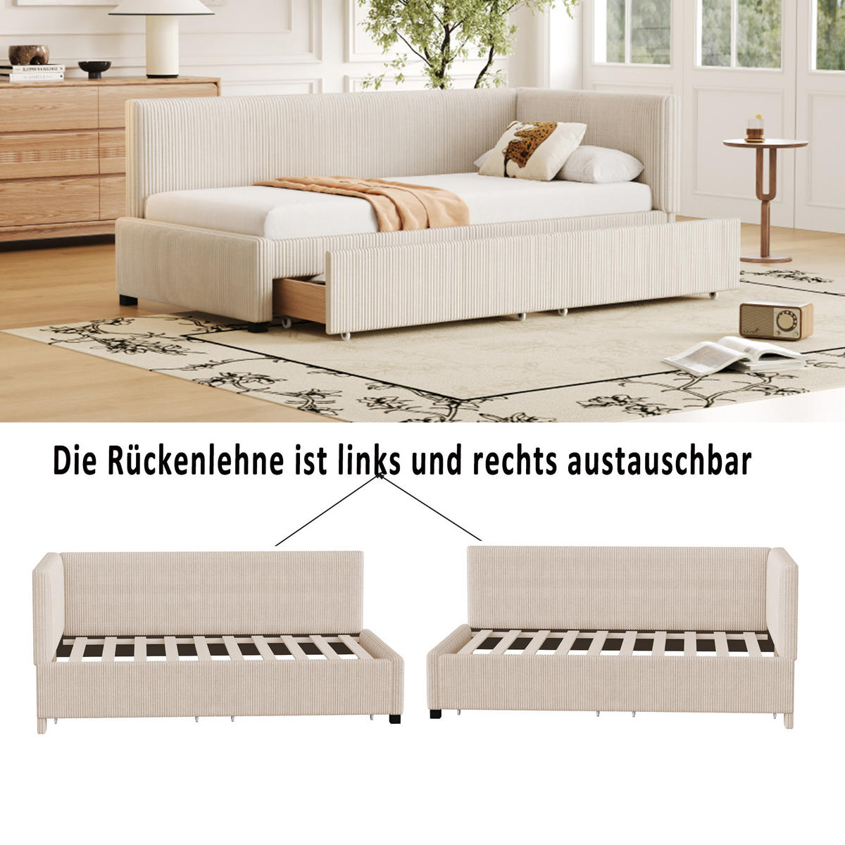 SCHLAFSOFA 90/200 cm in Beige Samt mit 2 Schubladen - Beige, Holzwerkstoff/Textil (90/200cm) - WISHDOR