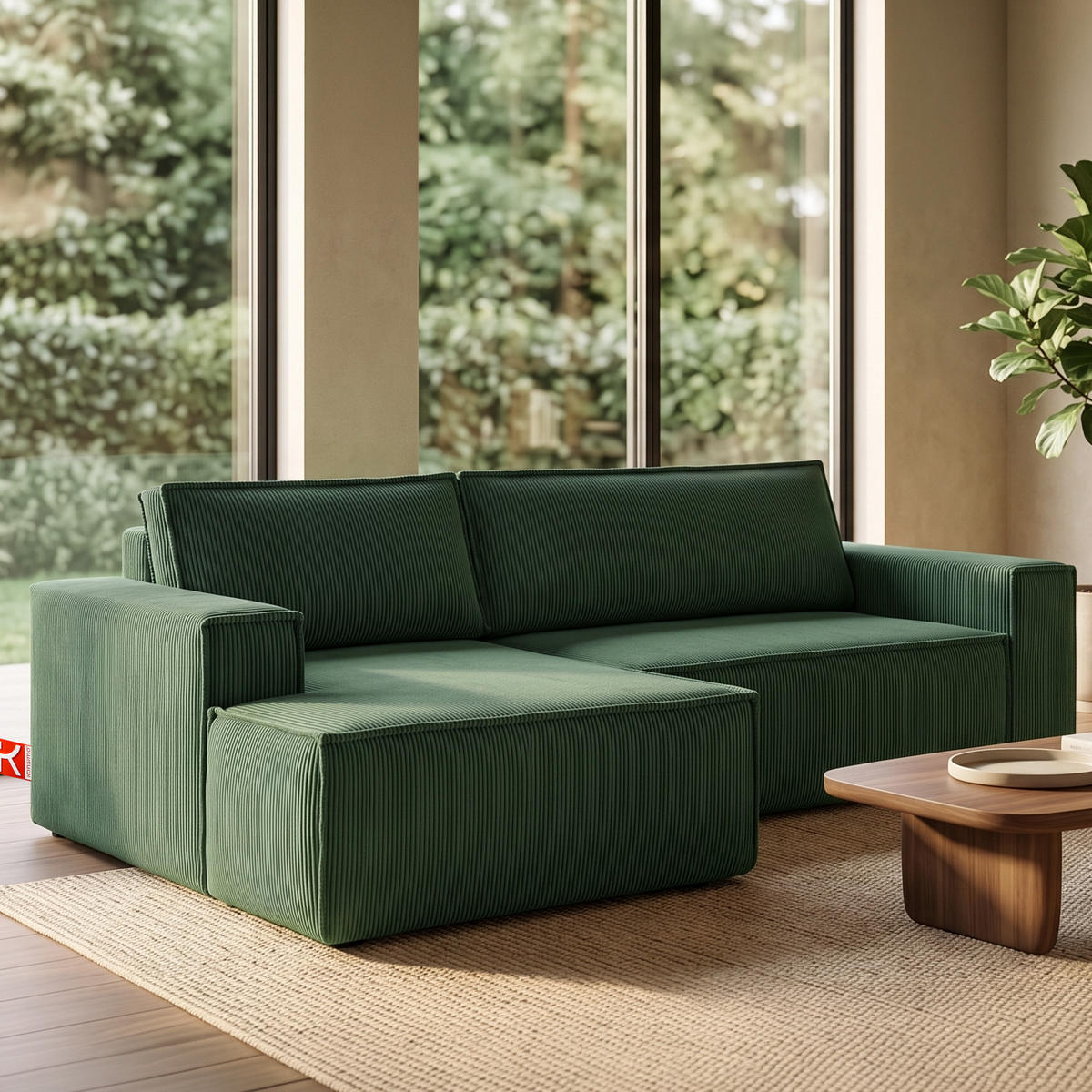 ECKSCHLAFSOFA-LINKS NAPI in Pet Friendly Cord-Stoff, dunkelgrün - Dunkelgrün/Schwarz, Textil (262/148cm) - KONSIMO®