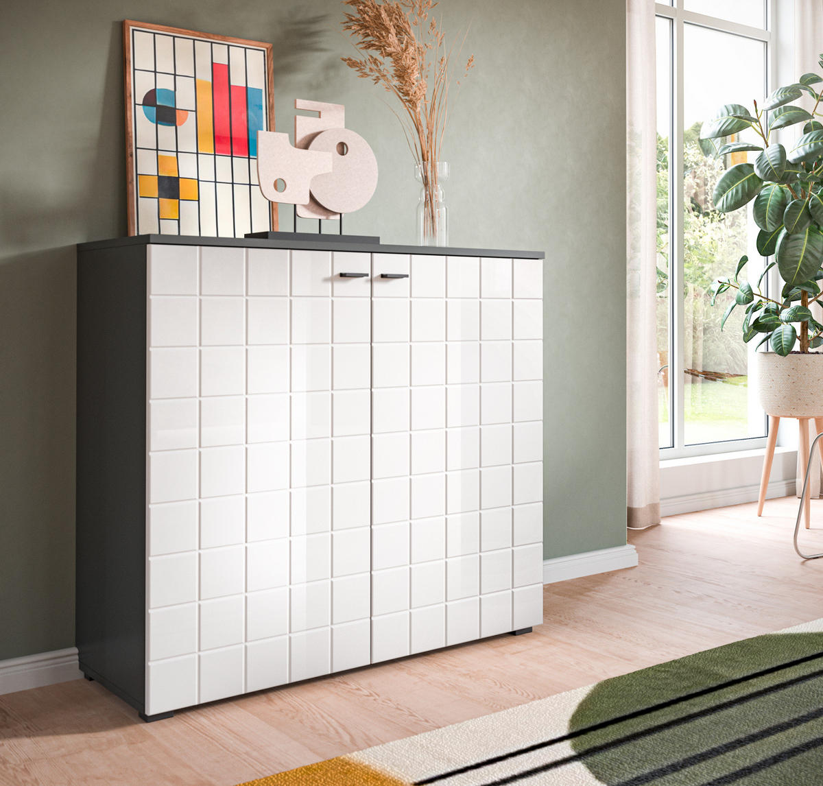 KOMMODE weiß Hochglanz, grau 92 cm, Sideboard mit 6 Fächern - Weiß Hochglanz/Schwarz, Holzwerkstoff/Kunststoff (92/86/37cm) - Inn.Furn