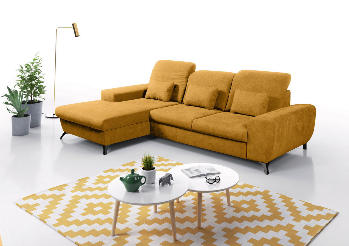 ECKSOFA LUCE L-S Gelb Plüsch-Stoff mit Schlaffunktion - Gelb, Holz (279/172cm) - MASSENO